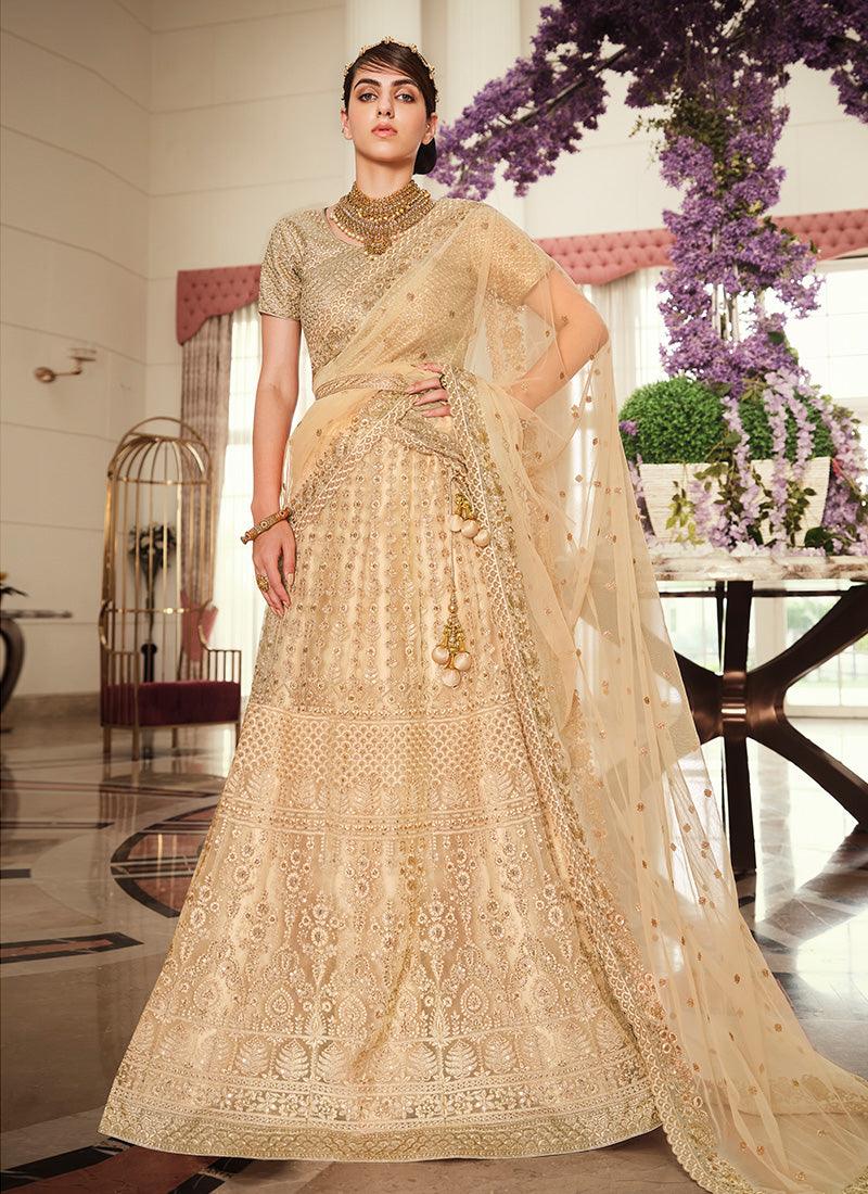 Beige Color Soft Net Base Zari And Resham Work Lehenga Sale Top Quality