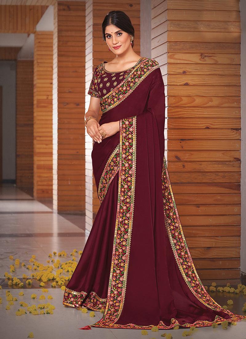 Maroon Color Georgette Fabric Saree With Matching Blouse Comfortable Online