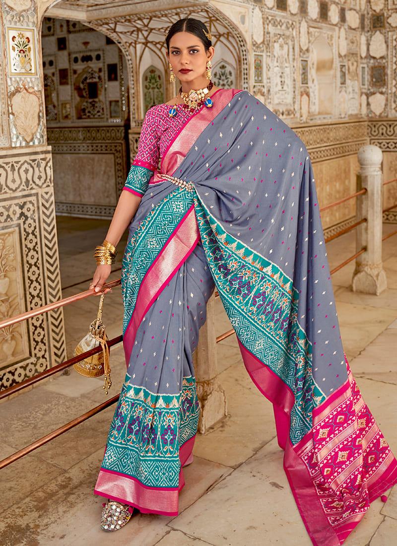 Light Blue Color Patola Silk Saree With Pink Color Boat Neck Blouse Cheap Manchester