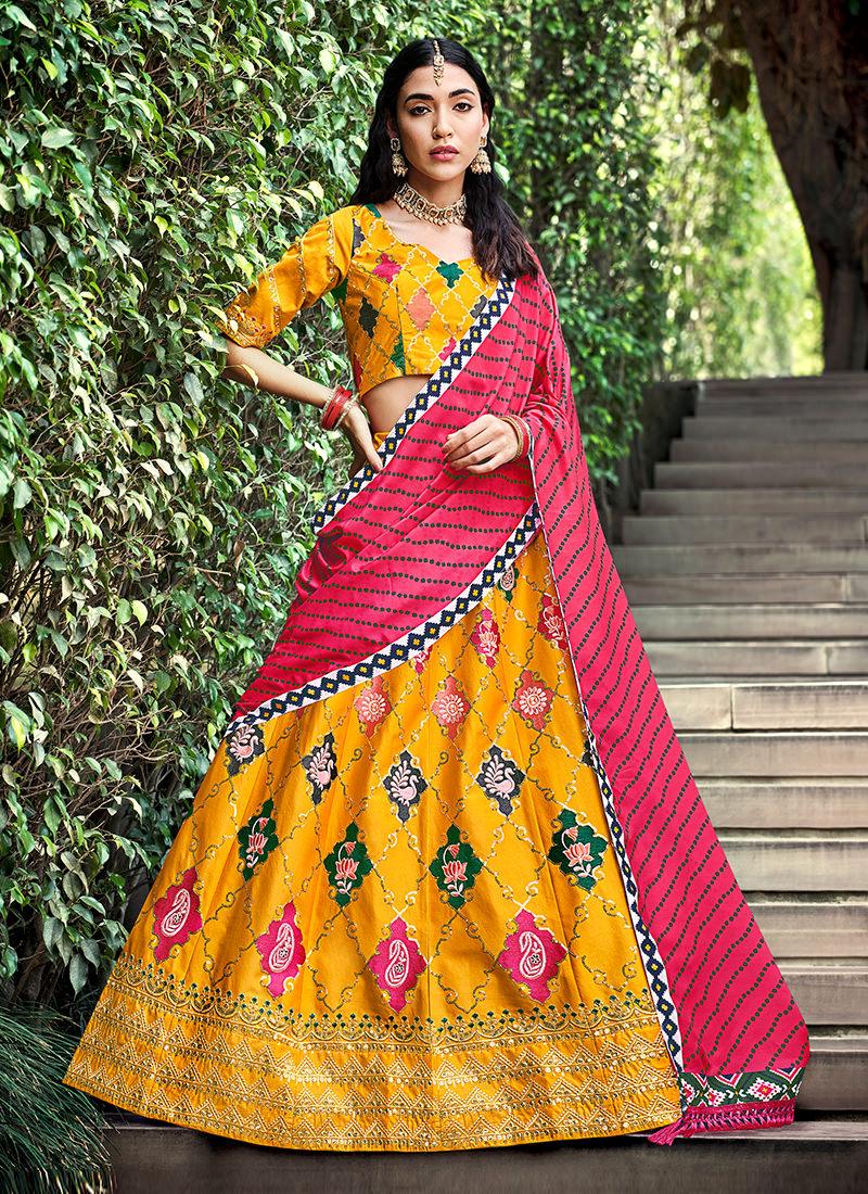 Silk Base Yellow Embroidered Lehenga Finishline For Sale