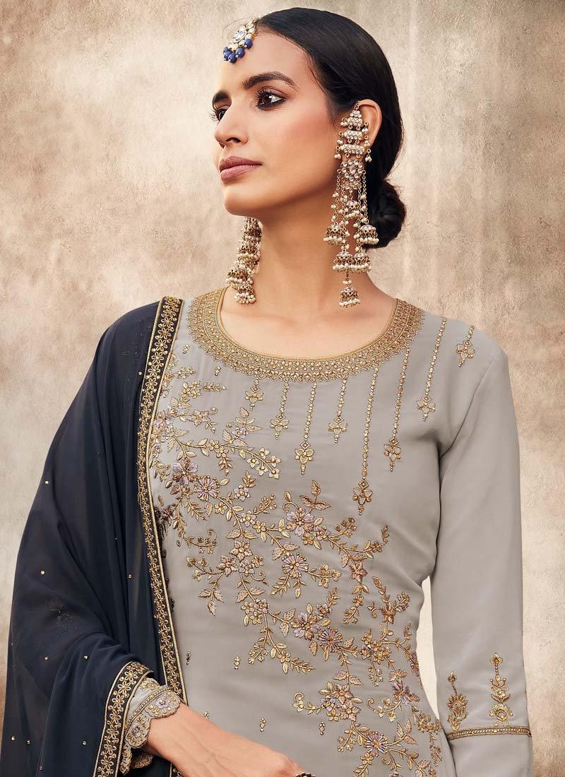 Zari Work Grey Pant Style Suit With Contrast Dupatta Looking For