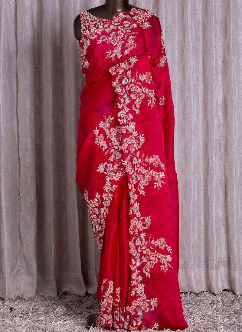 Fabulous Red Color Embroidery Work Organza Base Heavy Look Saree New Arrival Cheap Online