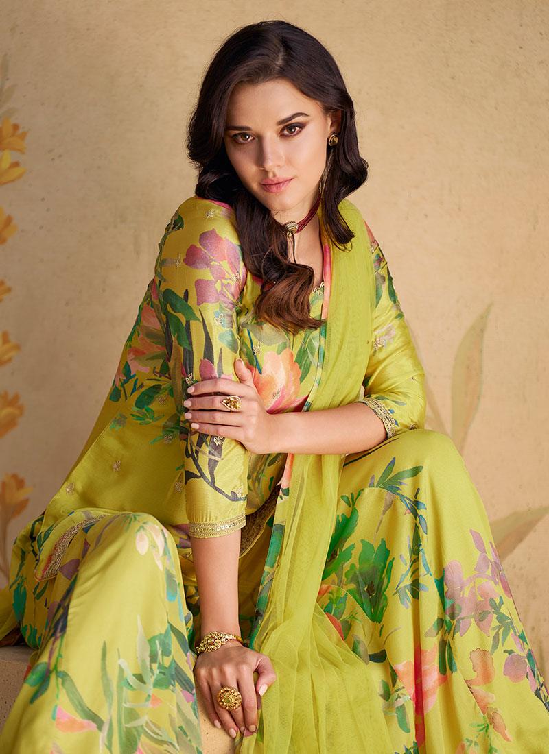 Lime Green Floral Sequins Embroidered Top Palazzo Suit Recommend Cheap Pice