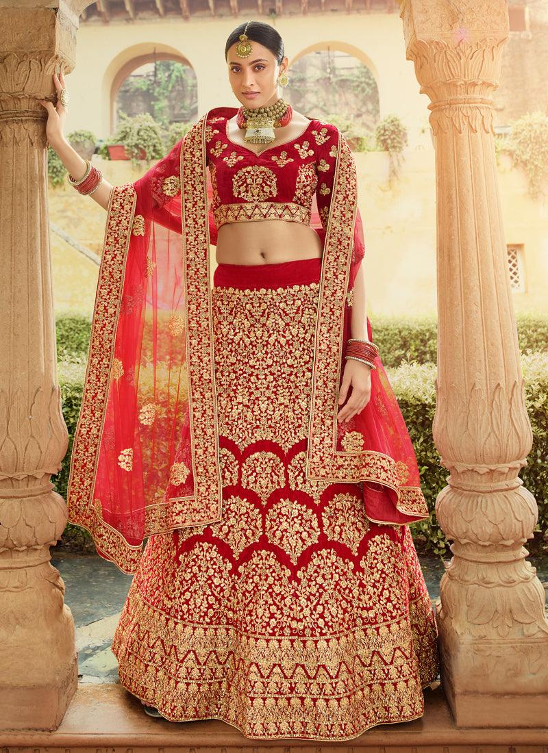 Elegant Red Velvet Base Zari Work Detailed Bridal Lehenga Choli Discount Sale Online