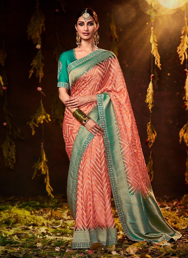 Embroidered Blouse With Peach Bandhej Saree Buy Cheap Order