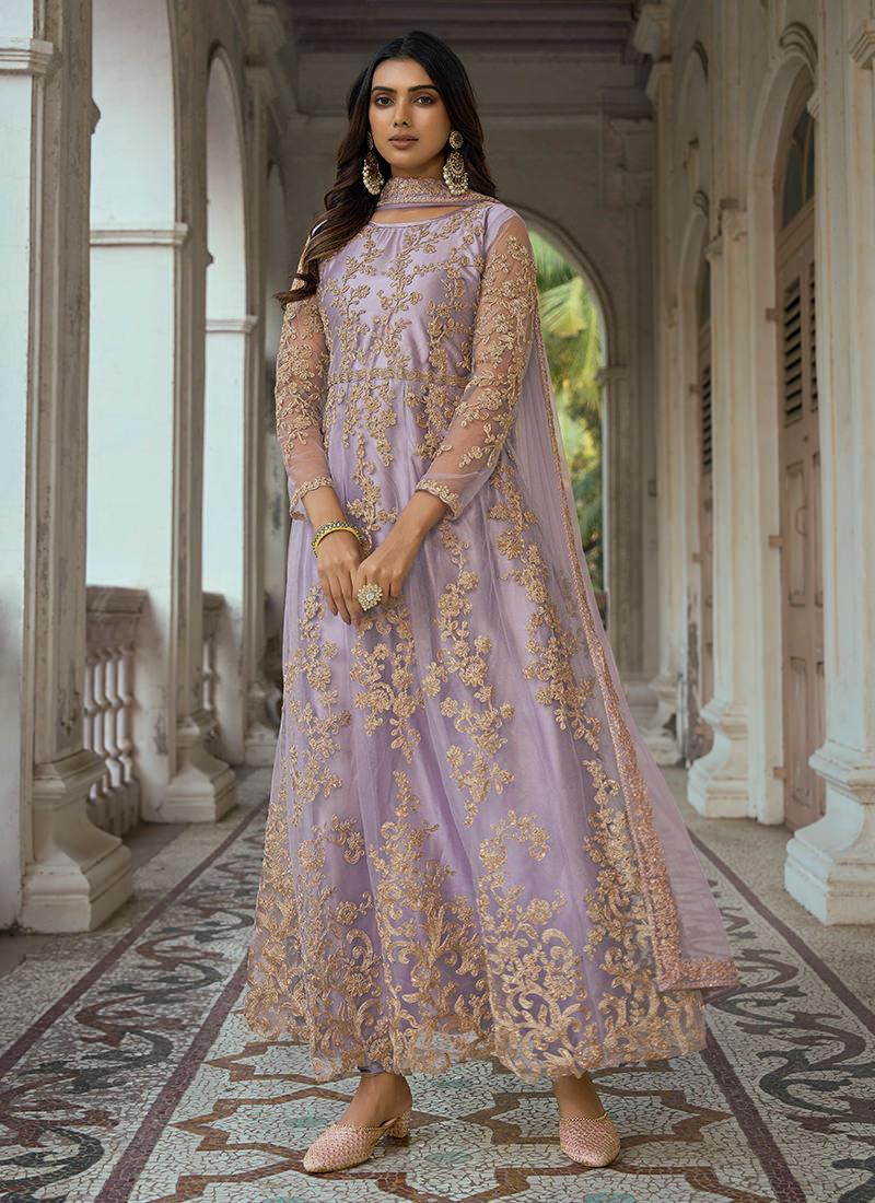 Soft Net Fabric Resham Work Purple Anarkali Free Shipping Manchester