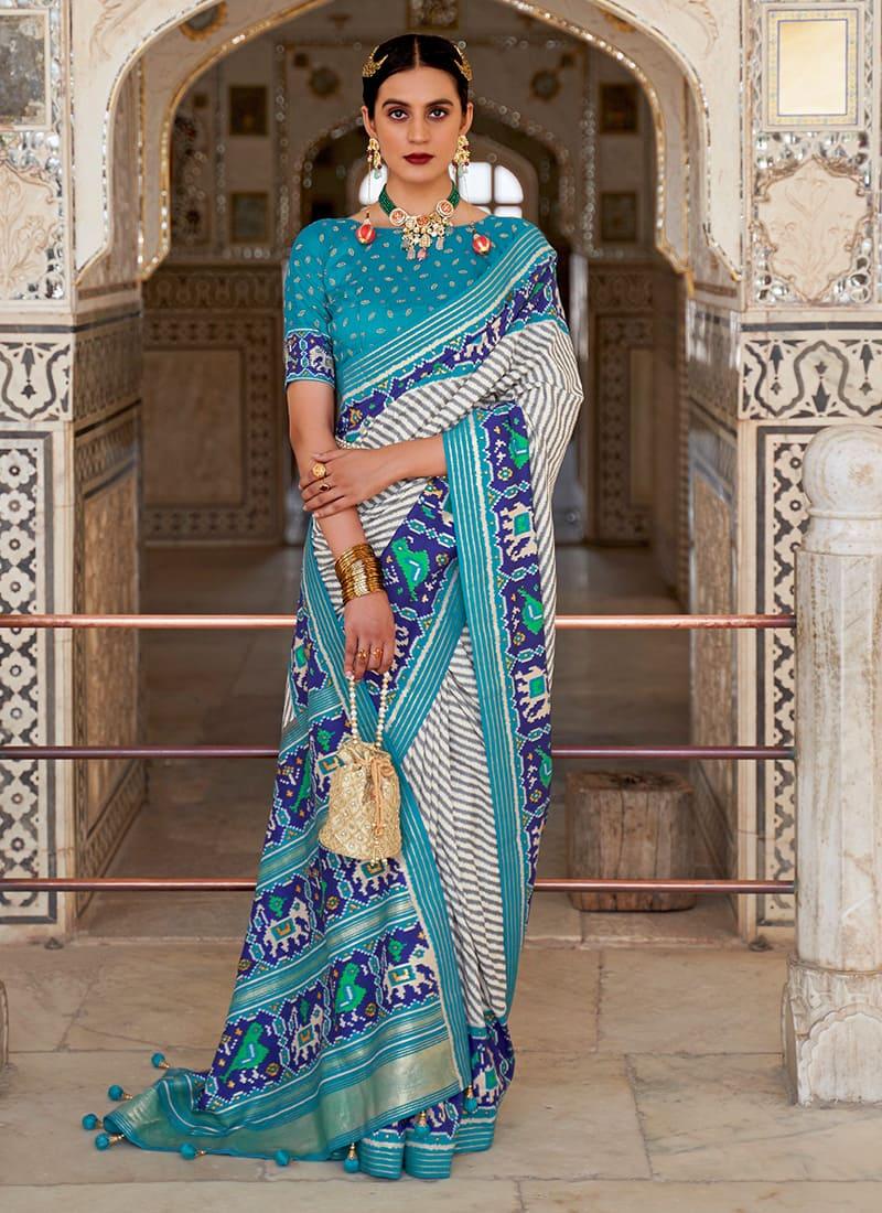 Aqua Green Color Patola Silk Saree With Matching Boat Neck Blouse Discount Visit New