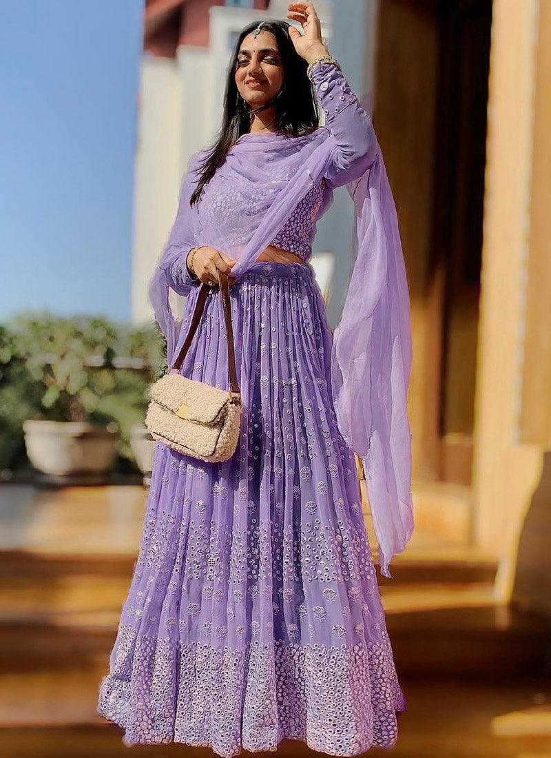 Lilac Color Georgette Base With Heavy Work Designer Flared Lehenga Choli Cheap Wholesale