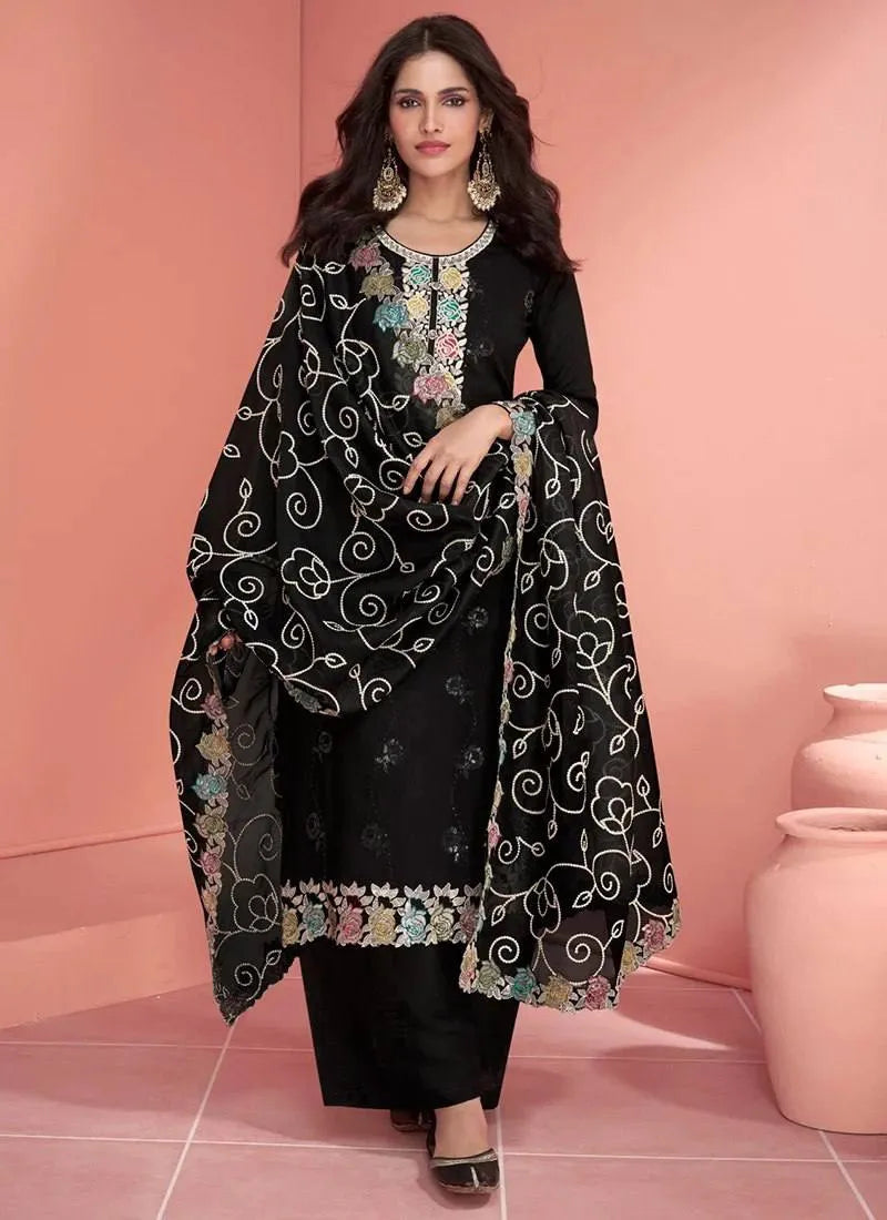 Designer Black Embroidered Silk Salwar Suit Free Shipping For Nice