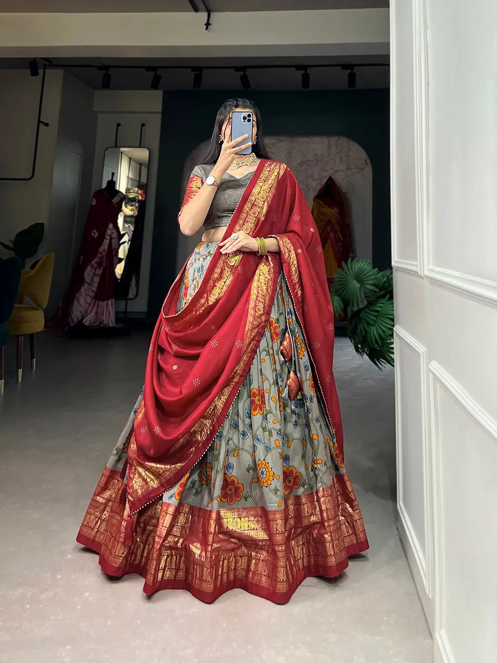 Fabulous Gray Tussar Silk Kalamkari Printed Foil Worked Lehenga Choli Clearance Factory Outlet