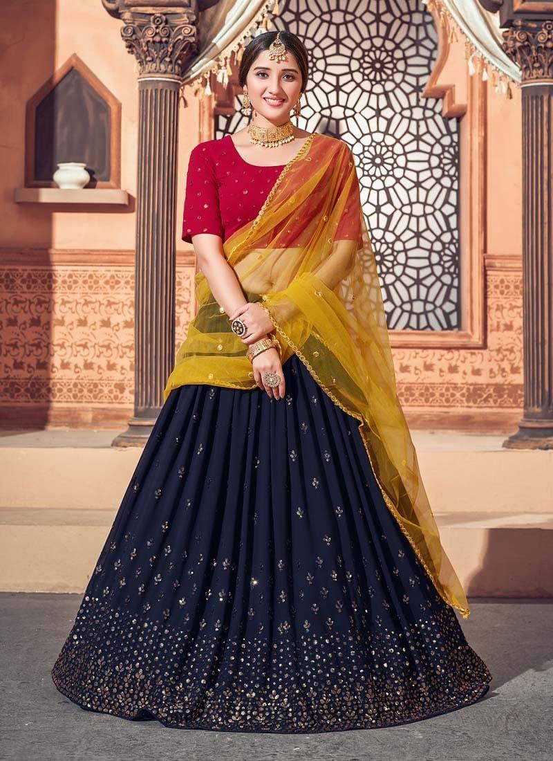 Navy Blue Color Georgette Fabric Sequins Work Lehenga With Red Color Blouse Best Sale Cheap Pice