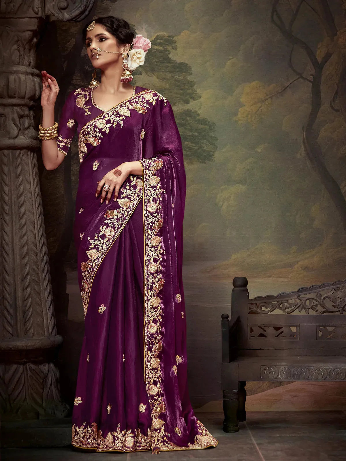 Elegant Burgundy Embroidered Fancy Saree The Cheapest