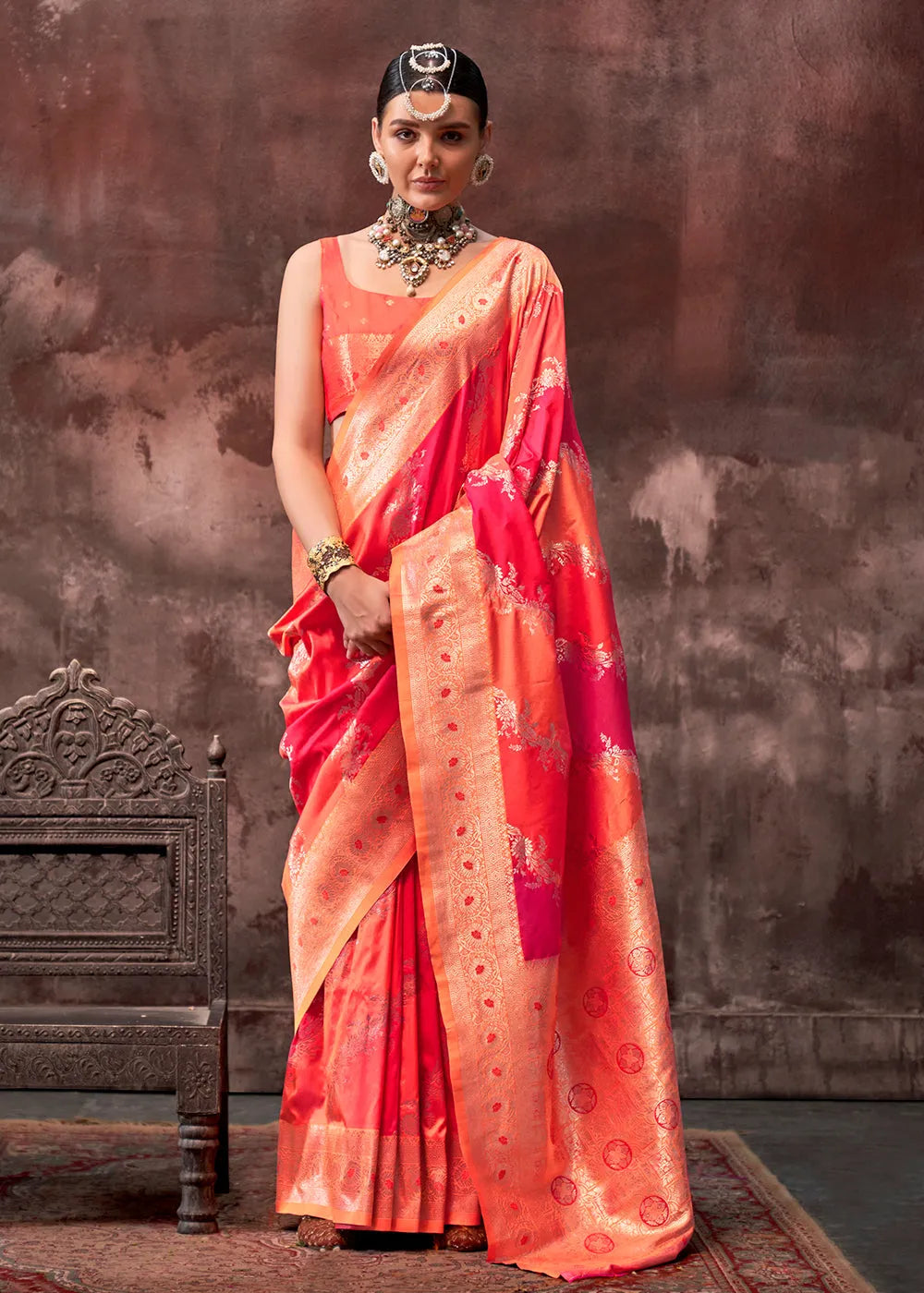 Radiant Orange-Pink Rangkaat Handloom Silk Saree Free Shipping Fashionable