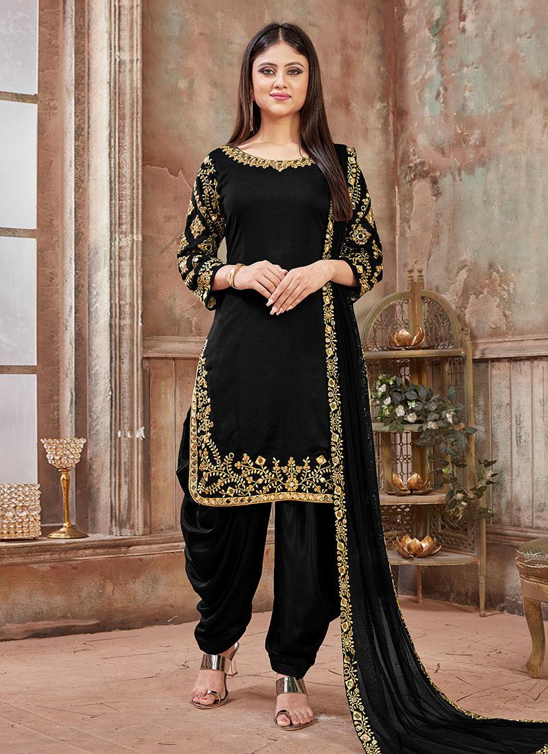 Art Silk Embroidered Black Punjabi Salwar Suit Free Shipping 2025