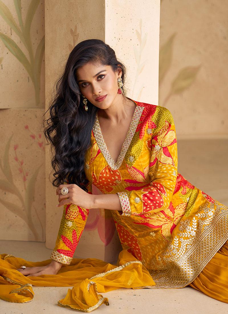 Mustard Yellow Floral Digital Printed Embroidered Top Sharara Suit Discount From China