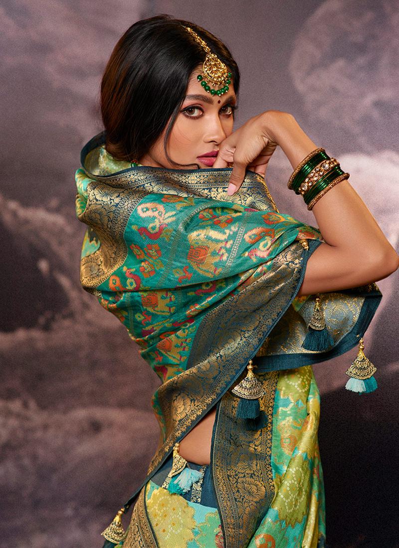 Turquoise Color Dola Silk Weave Printed Saree Sale Manchester