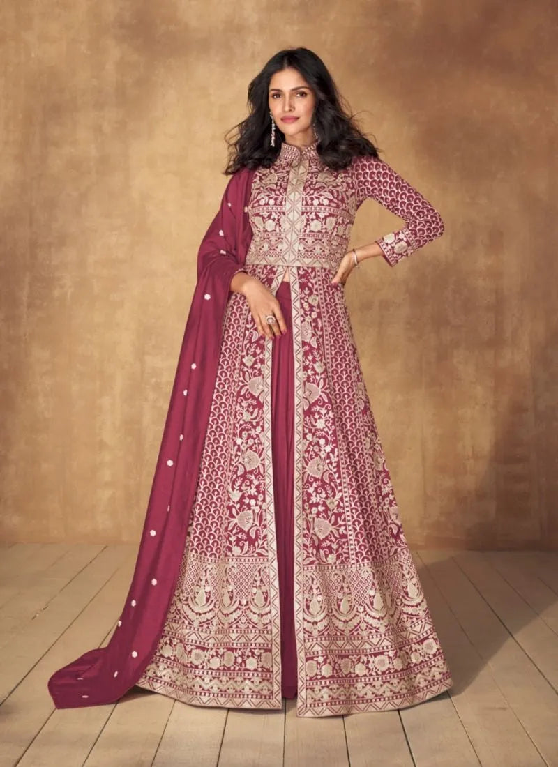 Fabulous Embroidered Silk Anarkali Gown in Pink Pay With Paypal Cheap Online