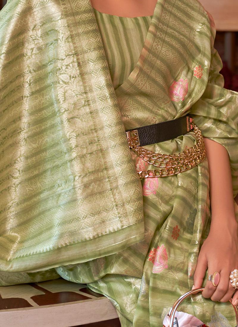 Green Color Printed Floral Saree Cheap Best