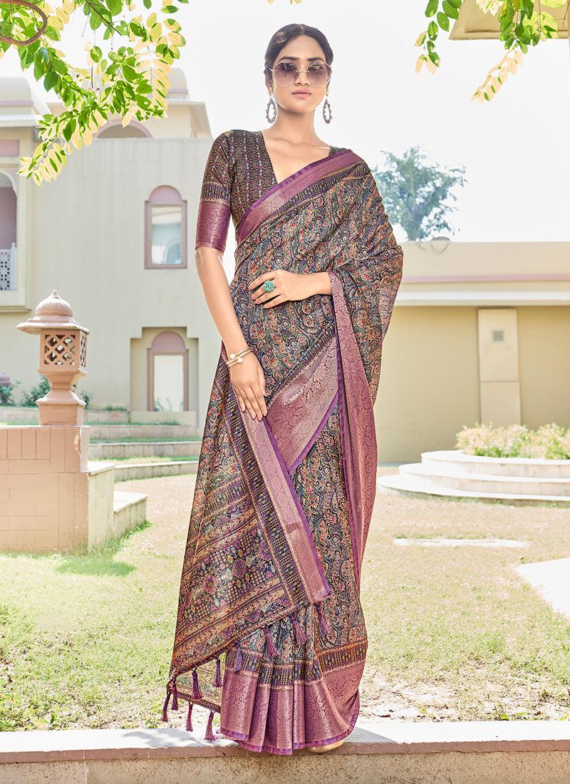 Silk With Digital Print Purple Floral Saree Websites Online