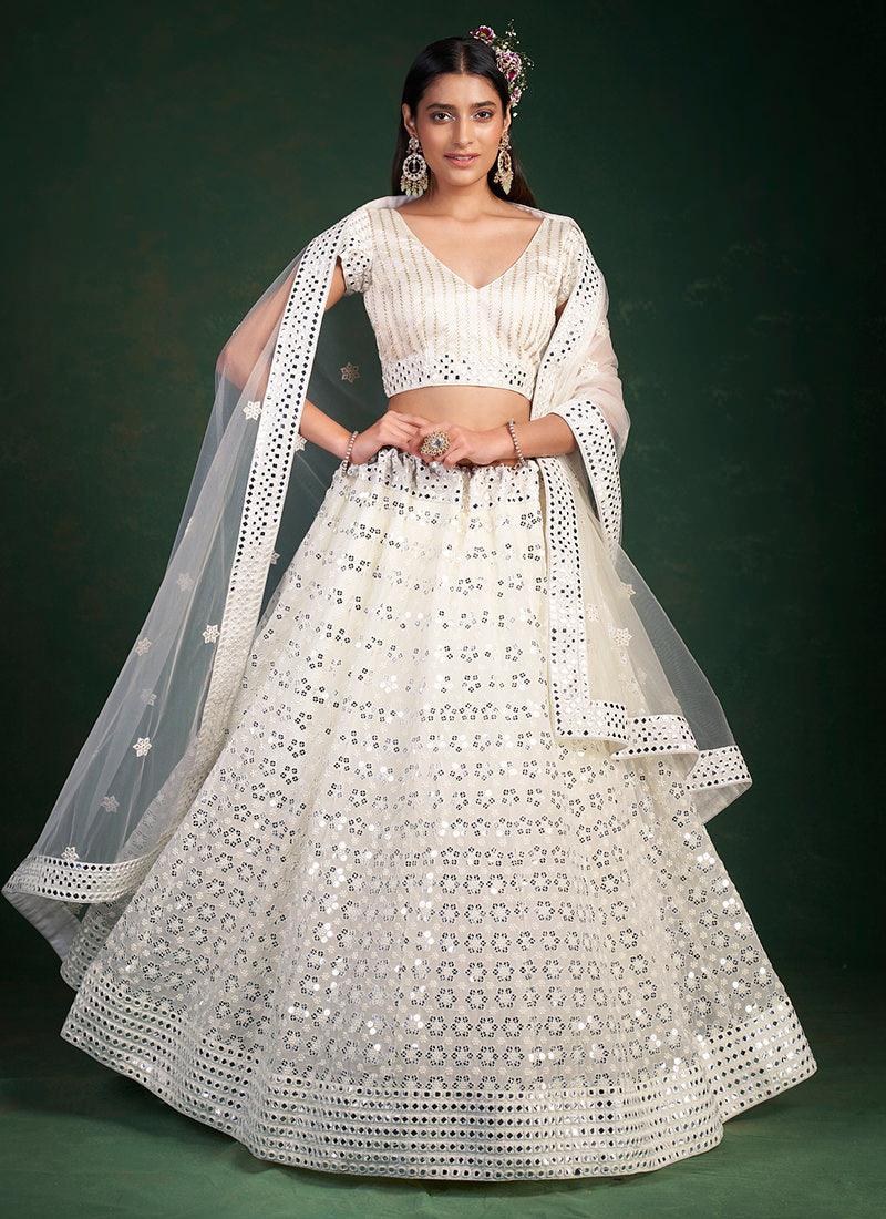 Deep V-Neck White Wedding Lehenga View