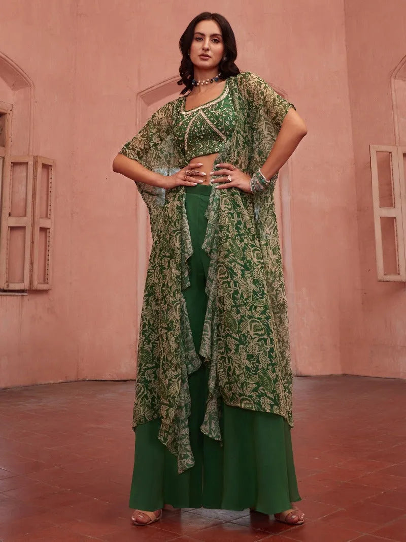 Green georgette embroidered blouse jacket style co-ord Clearance Wholesale Pice