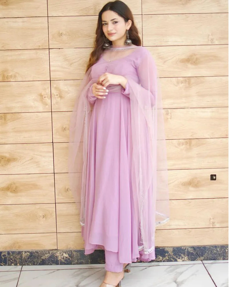 Trending Lavender Pure Faux Georgette Anarkali Pant Suit Sale Explore