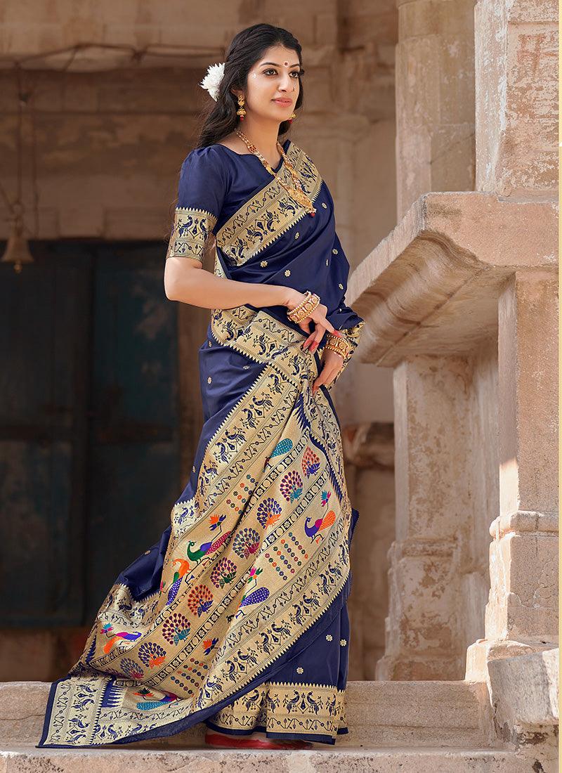 Deep Navy Blue Color Banarasi Silk Material Saree With Silk Weave For Nice