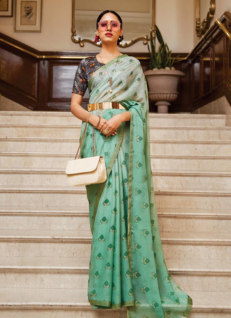 Mint Green Color Georgette Material Saree With Digital Printed Blouse Reliable For Sale