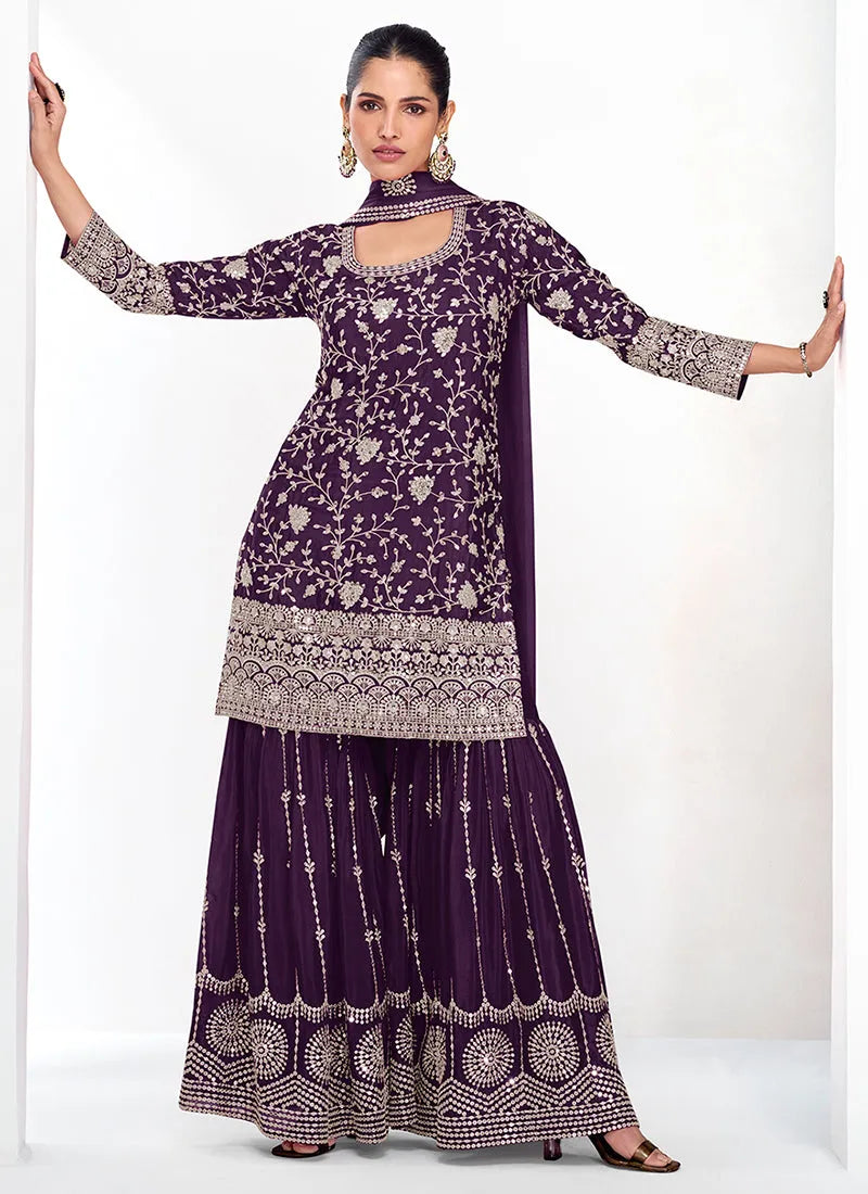 Celebrated Deep Purple Traditional Embroidered Palazzo Suit Outlet Purchase