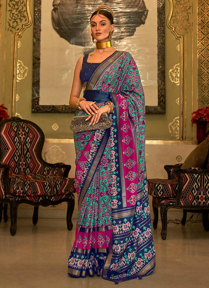 Turquoise Smooth Patola Print Silk Saree Factory Outlet Cheap Pice