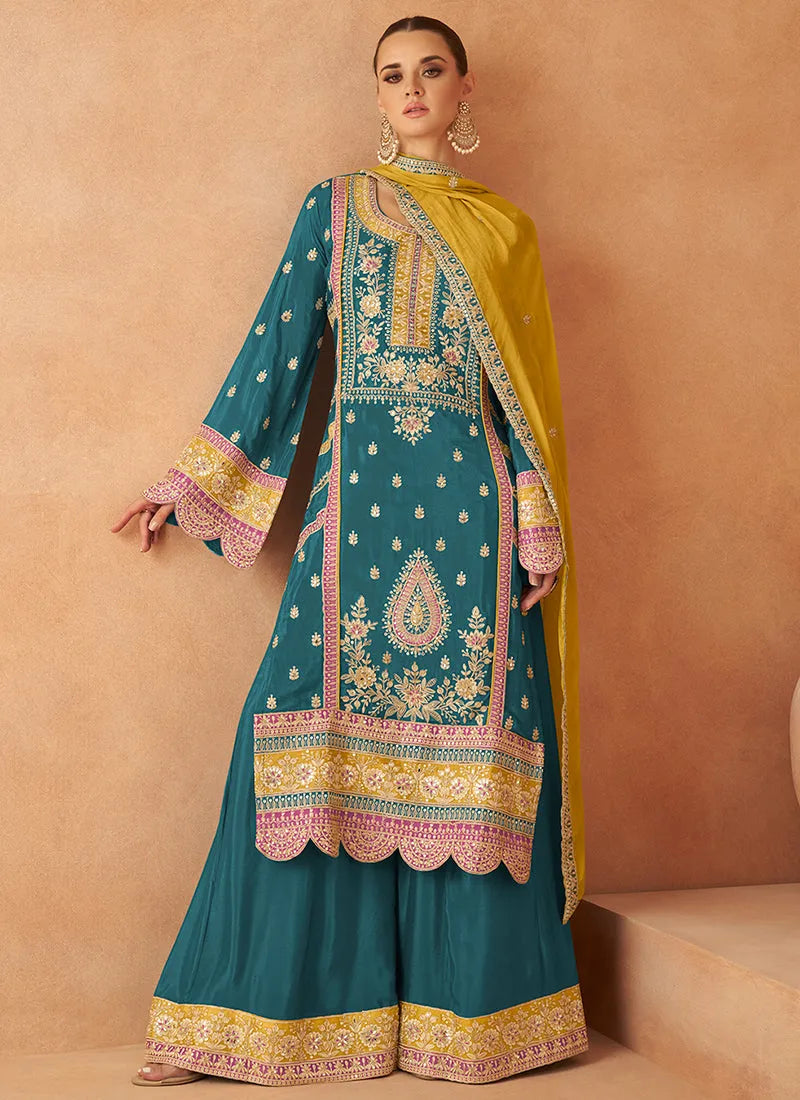 Luxurious and Classic Pure Chinon Embroidered Palazzo Suit Clearance With Credit Card