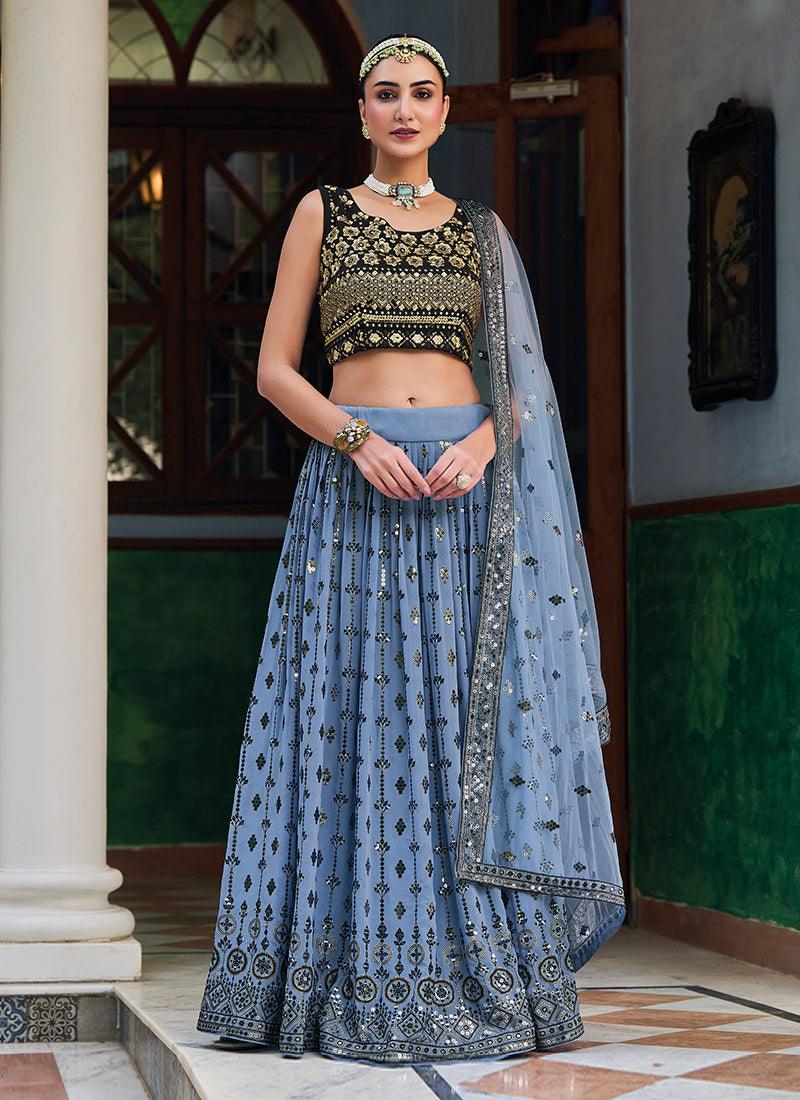 Heavy Thread With Sequins Sky Blue Flared Lehenga 2025 Cheap Online