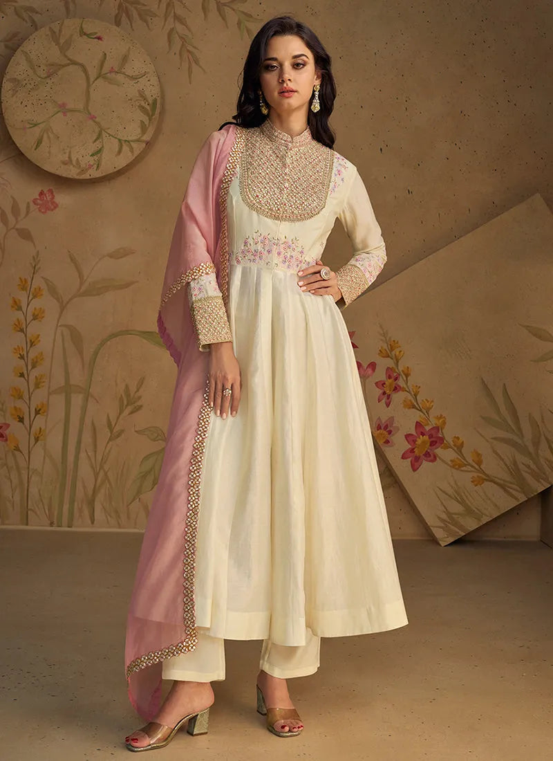 Cream Pure Silk Embroidered Designer Anarkali Pant Suit Cheap Sale Collections