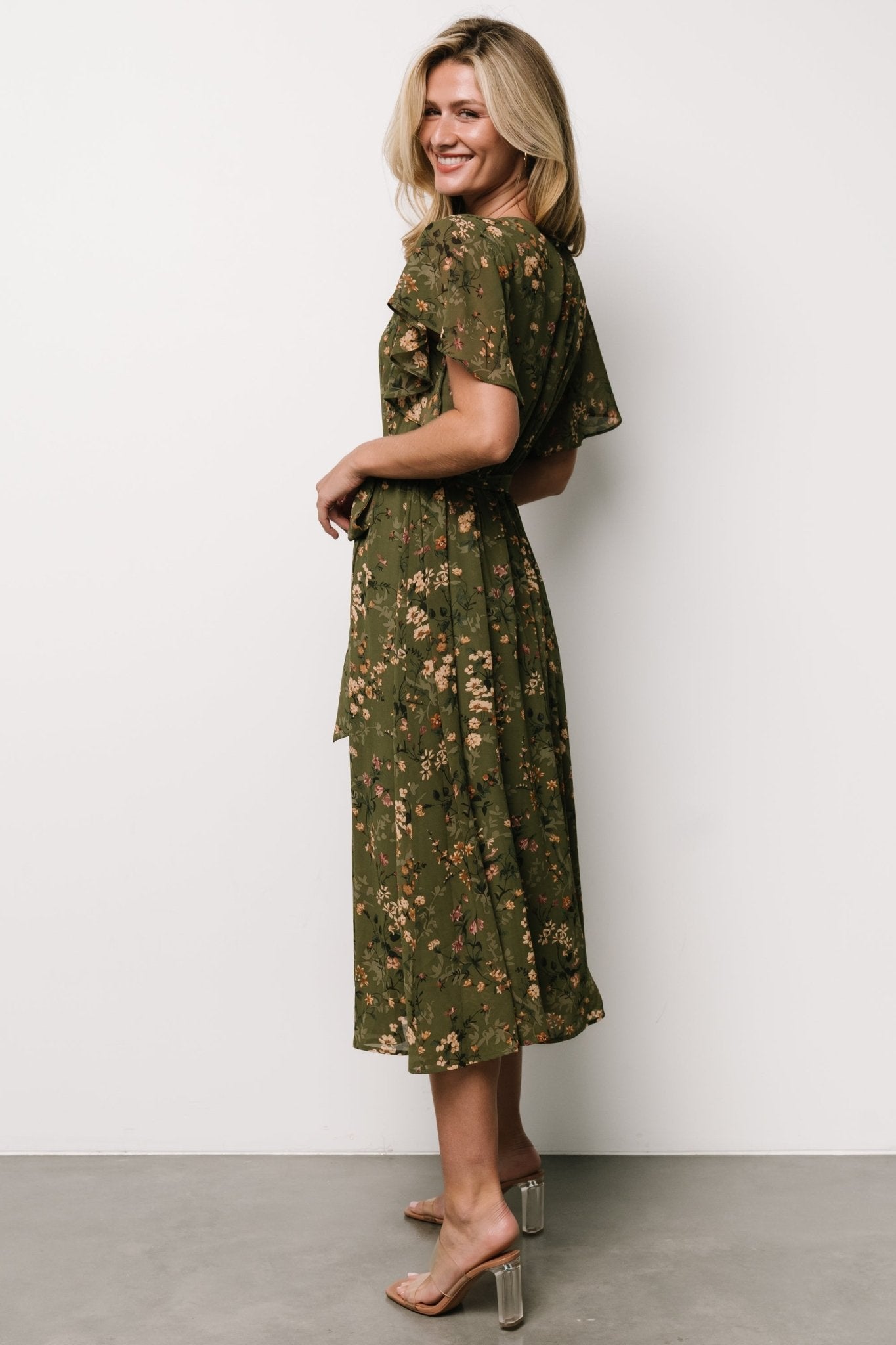 Laurel Midi Dress | Olive Floral For Sale Wholesale Pice