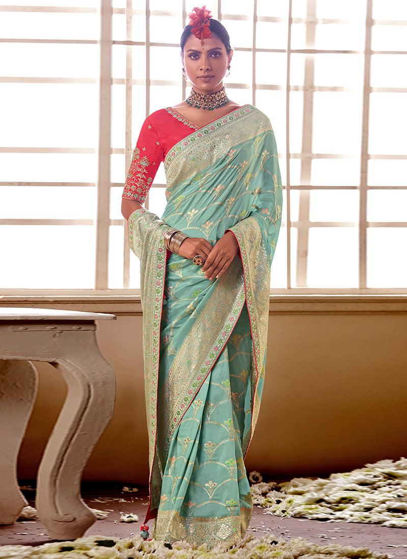 Embroidered Blouse Turquoise Dola Silk Saree Sale Purchase