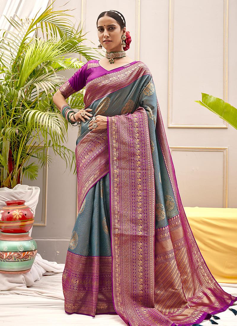 Wedding Wear Purple Color Banarasi Silk Saree With Silk Weave Latest Cheap Online