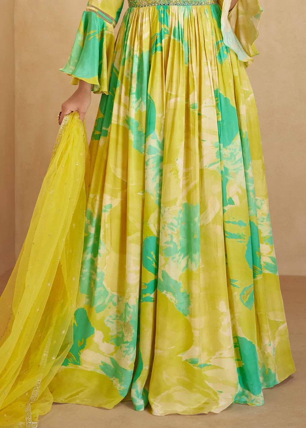 Lemon Yellow Digital Floral Printed  Chinon Anarkali Gown With Dupatta Best Sale Online