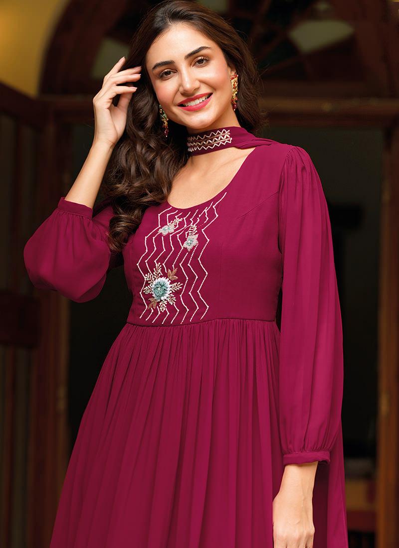 Hand Work Rani Pink Georgette Kurti Cheap Fashion Style