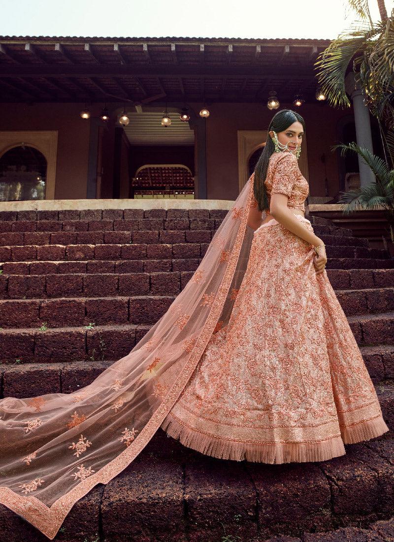 Sequins And Resham Work Pleasing Peach Lehenga Choli Online Online Free Shipping