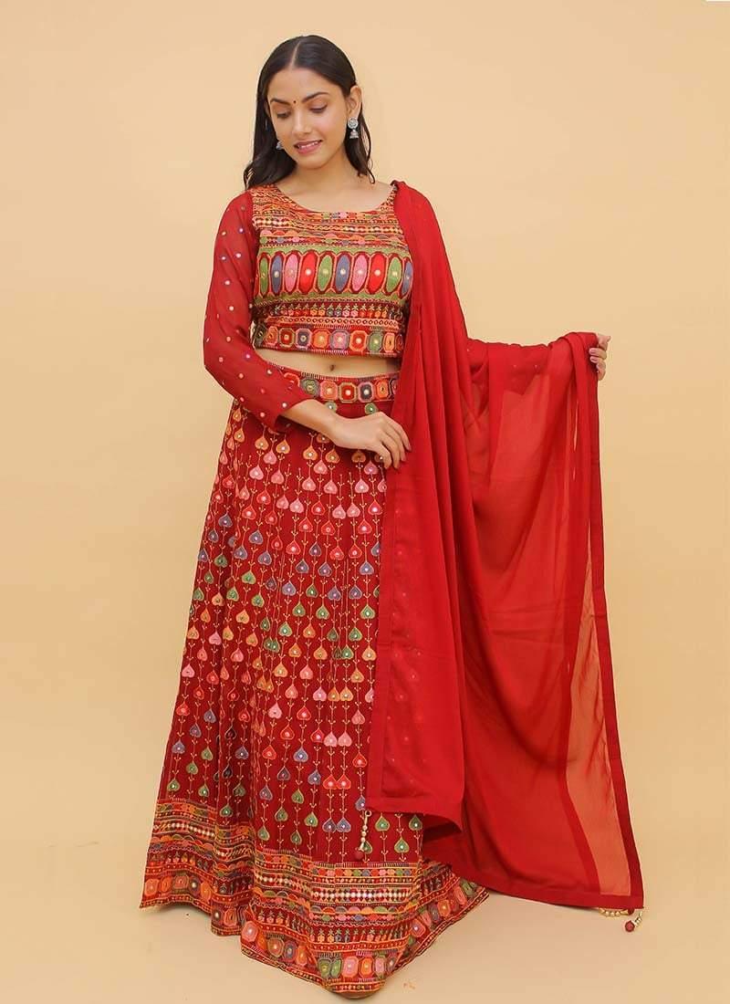 Mirror And Thread Work Red Color Georgette Fabric Lehenga Choli Clearance Great Deals