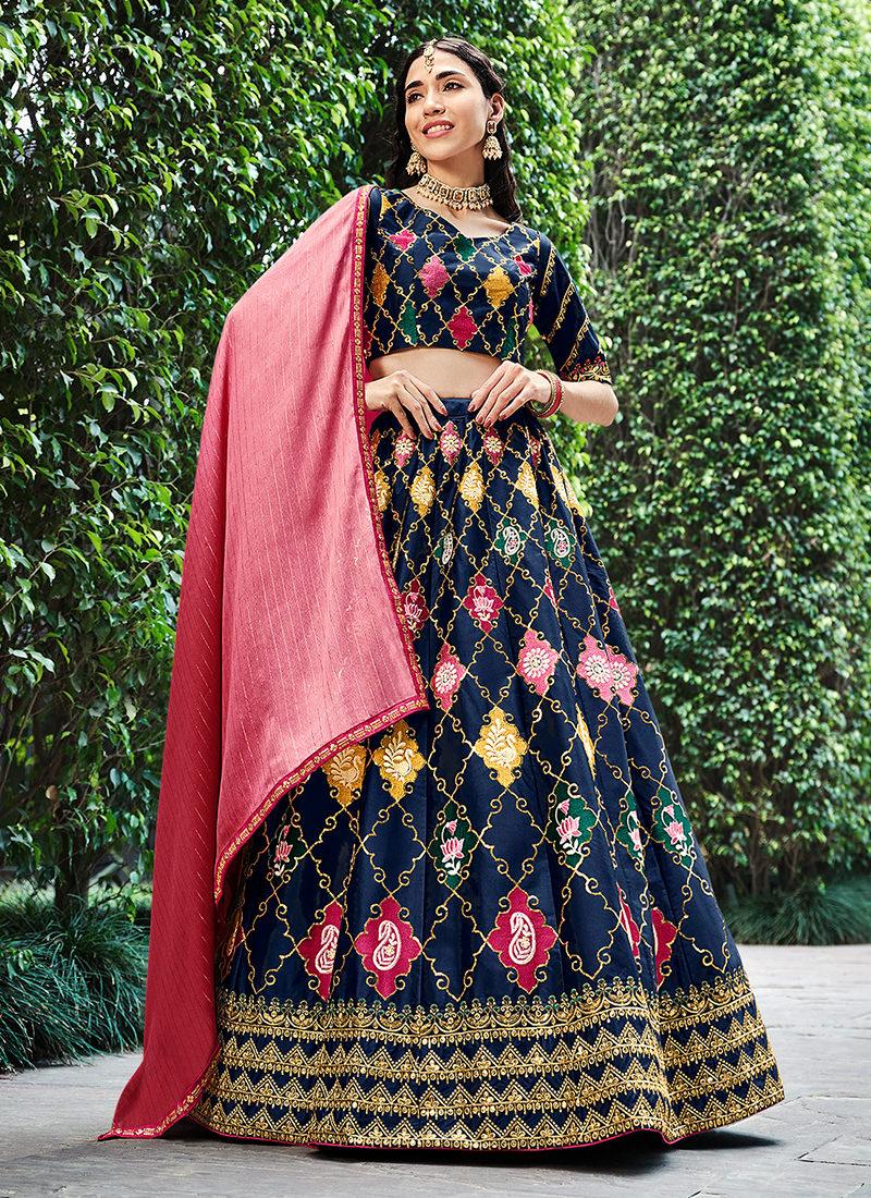 Silk Base Navy Blue Embroidered Lehenga Authentic Online