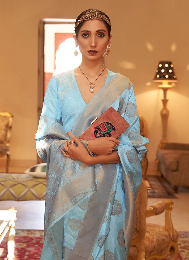 Sky Blue Color Silk Fabric Silk Weave Saree With V-Neck Blouse Cheap View