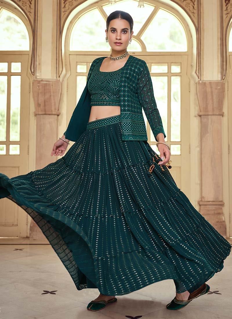 Dark Green Color Sequined Work Sensational Look Lehenga Jacket Outlet Cheap