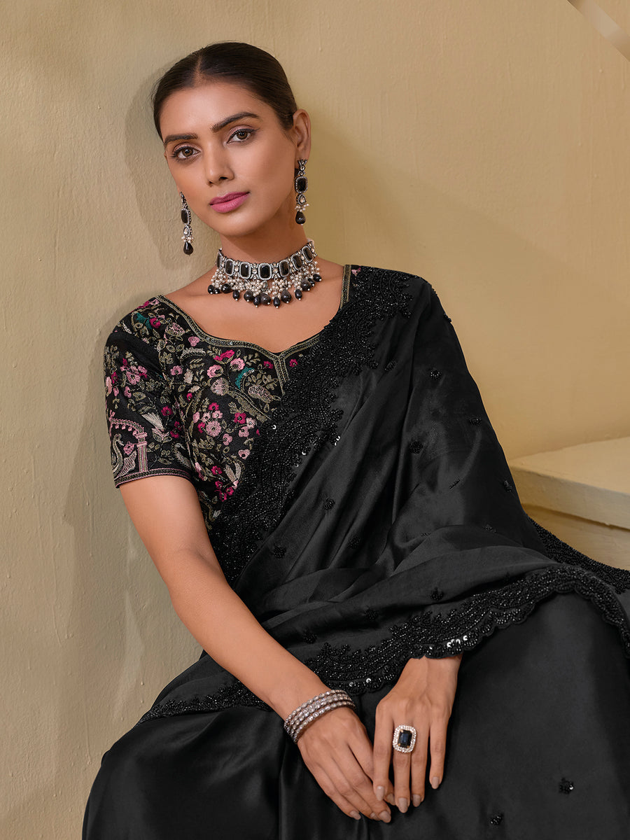 Gorgeous  Black Banarasi Silk Embroidered Saree Buy Cheap Recommend