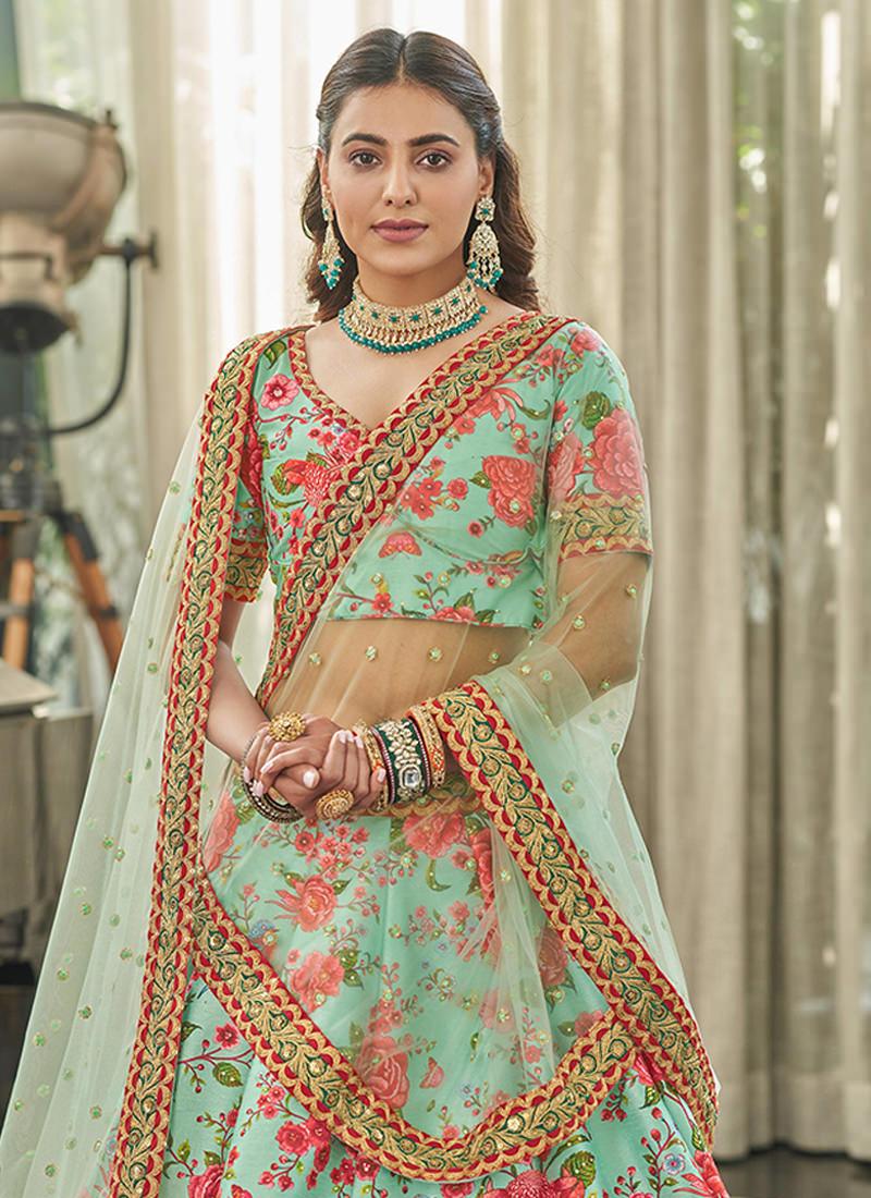 Art Silk Fabric Embroidered Mint Green Floral Lehenga Cheap Sale Collections