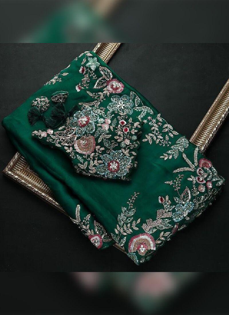 Eye-Catching Green Color Organza Base Heavy Worked Designer Saree Buy Cheap Deals