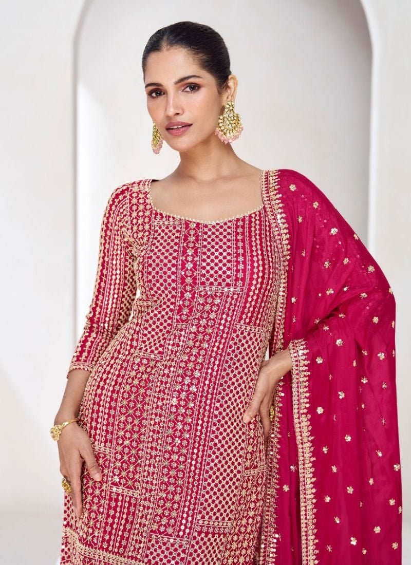 Trendy  Pink Embroidered chinon Silk palazzo suit Clearance Cheapest Pice