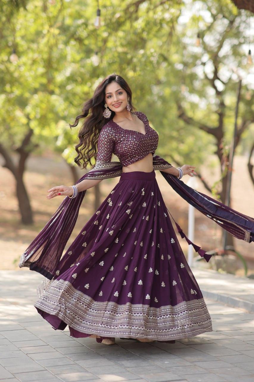 Elegant Plum Embroidered Lehenga Choli with Dupatta Low Pice Fee Shipping For Sale