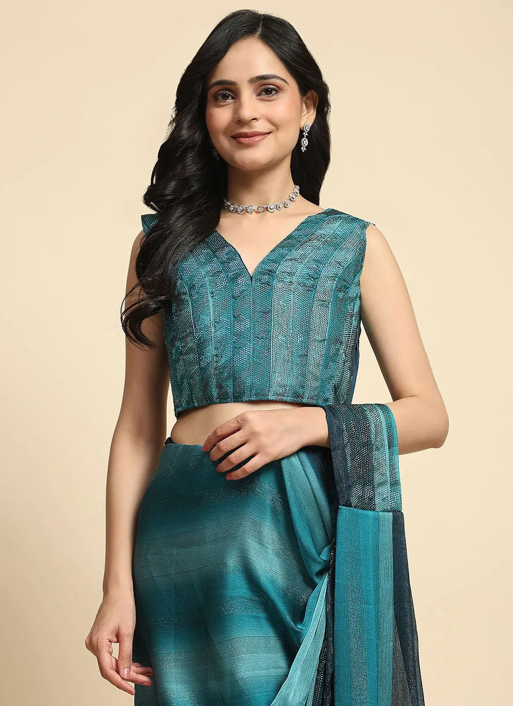 Smalt Blue Pure Satin Silk Stone Lace Border Worked Ready To Wear Saree Best Wholesale Online