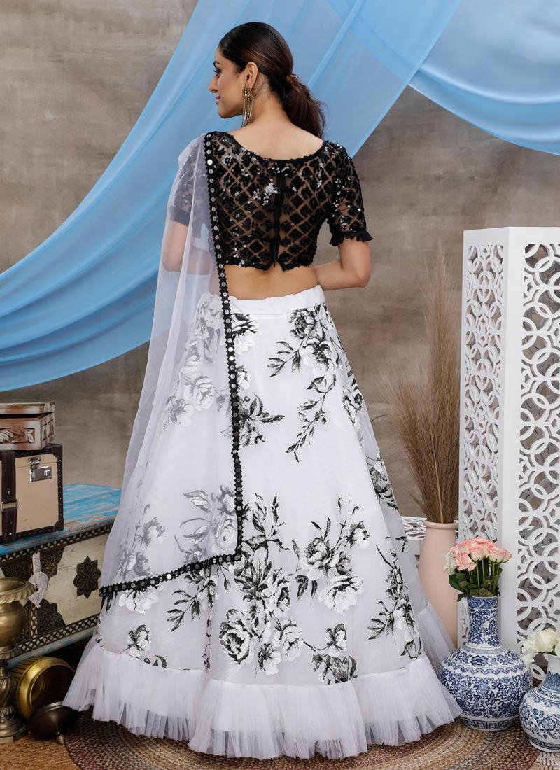 White Foil Print Sequin Work Organza Soft Net Flared Lehenga Buy Cheap Nicekicks